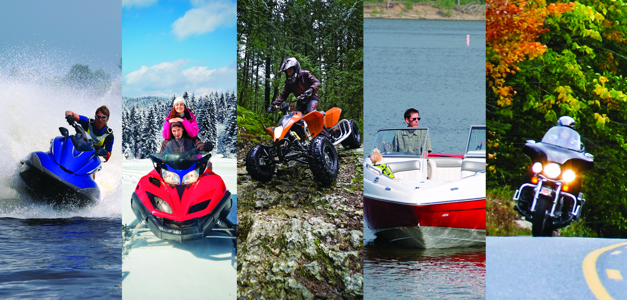Compilation of photos of active motorized sports Watercraft spraying water, snowmobiling couple, atv going over rocks, man in powerboat, motorcycle on road in fall